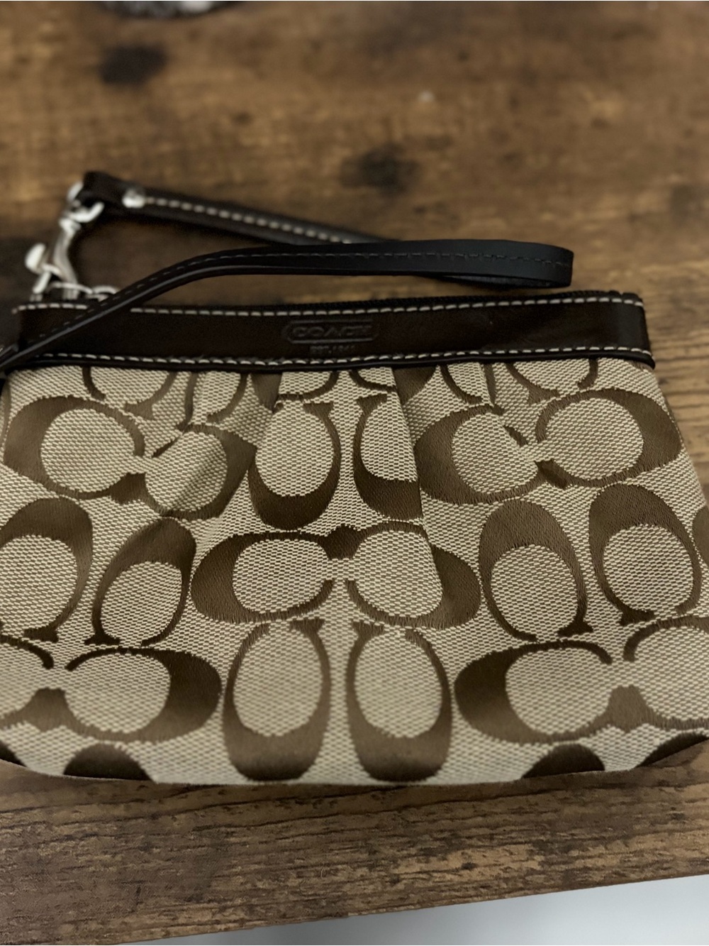 Coach Signature Canvas Wristlet in Beige and Dark Brown